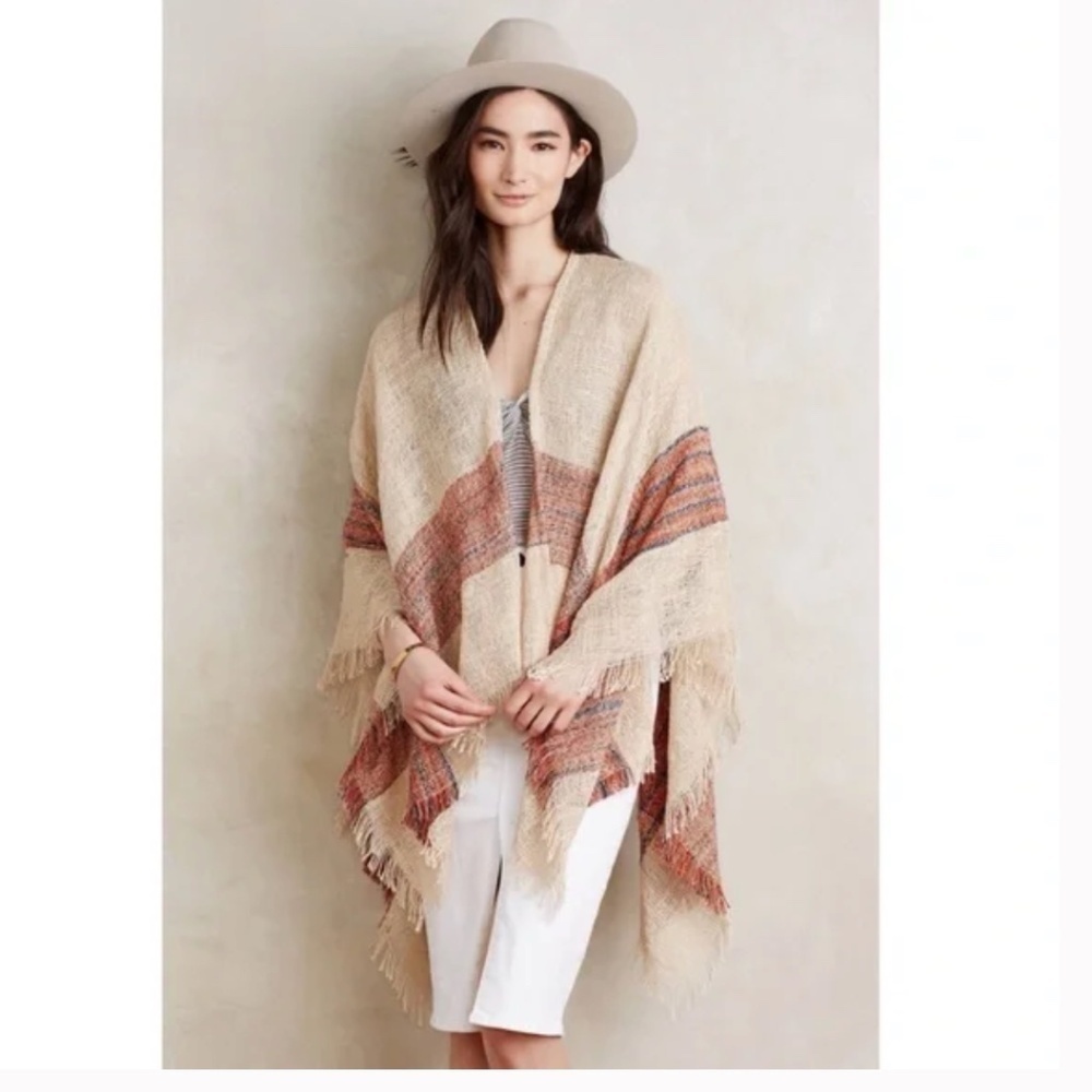 ANTHROPOLOGIE Agueda Tweed Tan Kimono Sweater Wrap Poncho Scarf